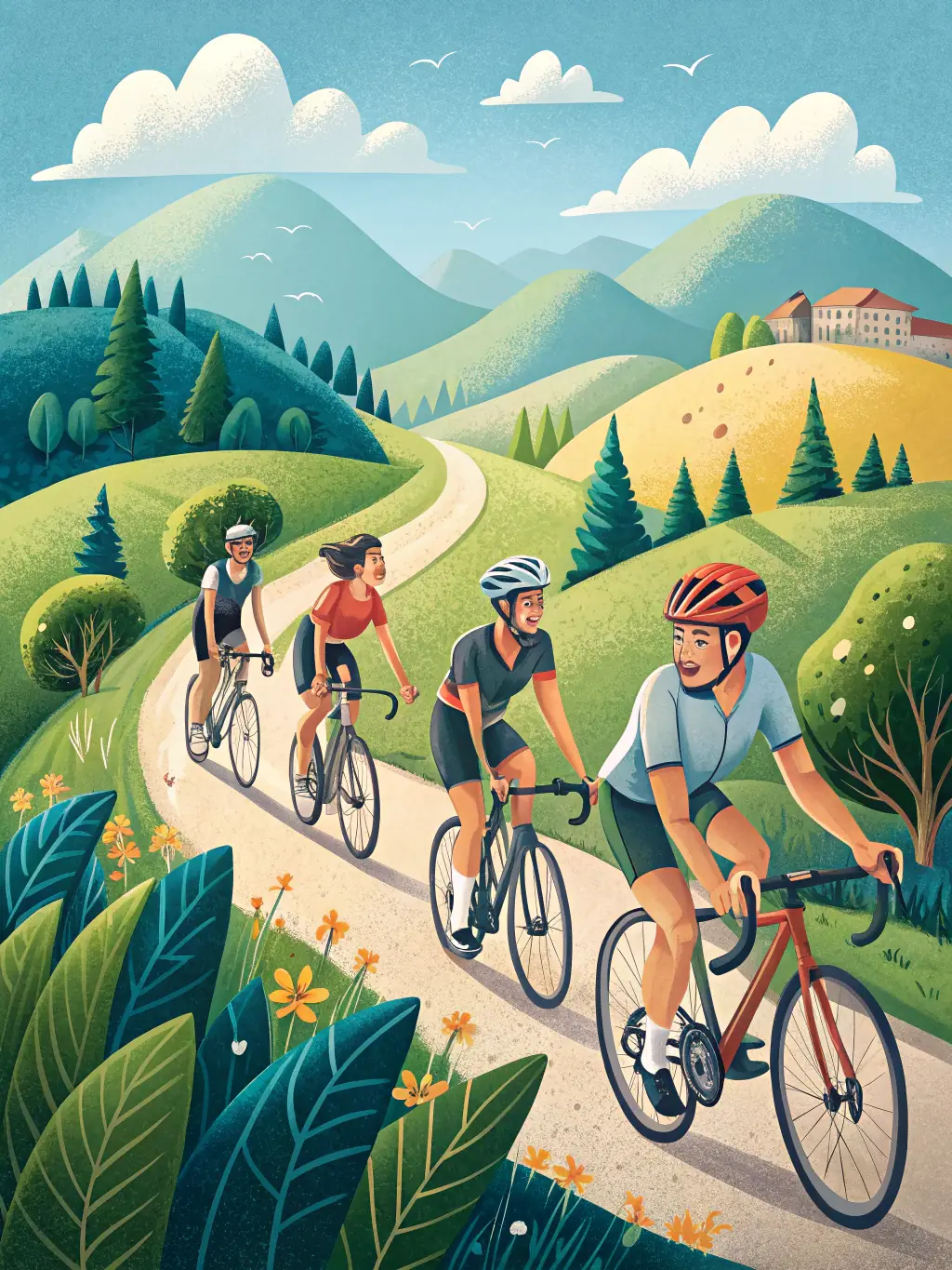 A group of ECVA members enjoying a leisurely recreational bike ride through a scenic countryside, emphasizing the social and enjoyable aspects of cycling.